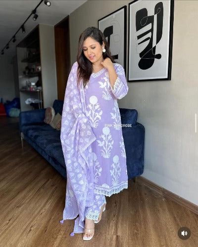 Lavender Cotton Anarkali Suit With Malmal Dupatta
