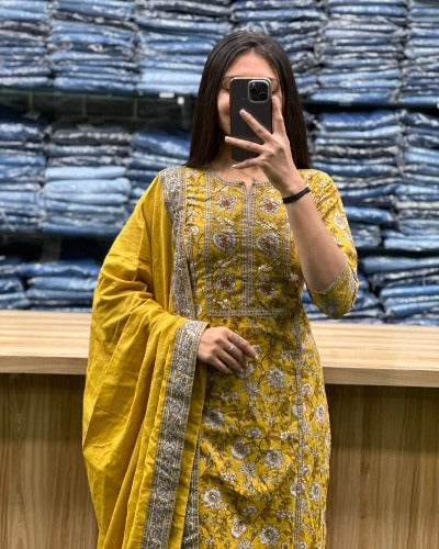 Yellow Cotton Jaipuri Printed Salwar Suit Set