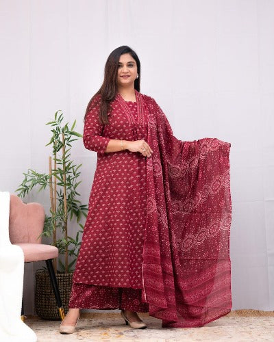 Red Traditional Print Cotton Anarkali Suit Set