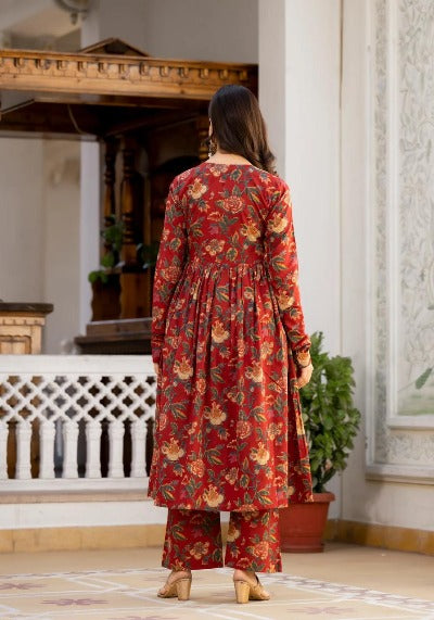 Brick Red Cotton Printed Anarkali Suit Set