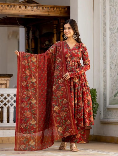 Brick Red Cotton Printed Anarkali Suit Set