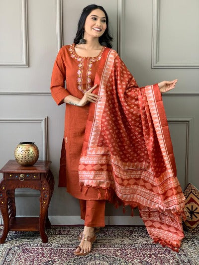 Brick Orange Cotton Salwar Suit With Khadi Silk Dupatta