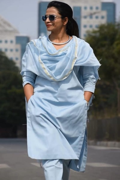 Light Blue Cotton Salwar Suit With Kota Doriya Dupatta