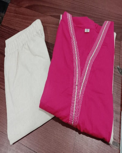 Pink & Cream Khadi Cotton Kurti Pant Set Of 2