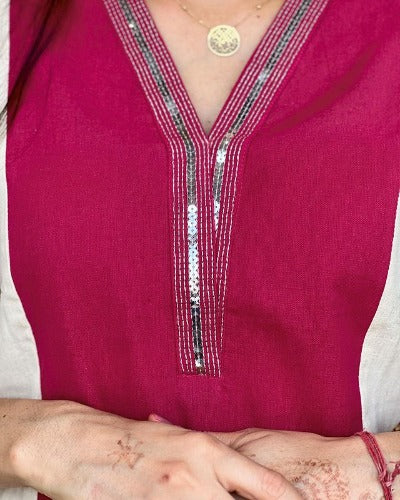Pink & Cream Khadi Cotton Kurti Pant Set Of 2