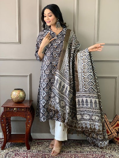 Black Ajrakh Work Cotton Salwar Suit With Art Silk Dupatta