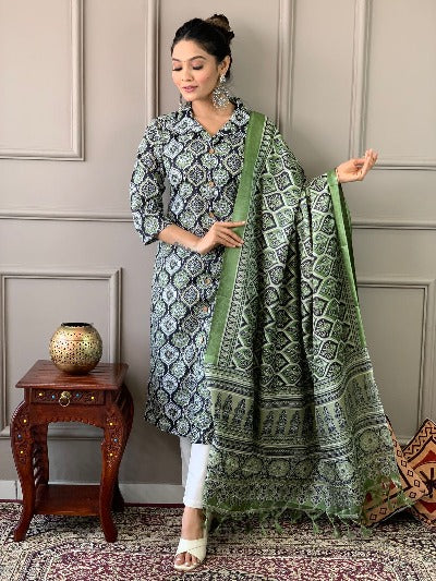 Green Ajrakh Work Cotton Salwar Suit With Art Silk Dupatta