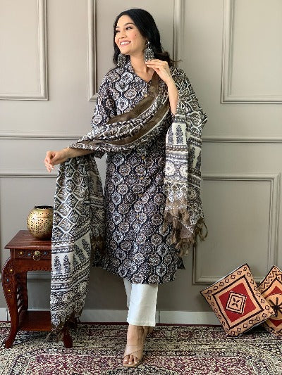 Black Ajrakh Work Cotton Salwar Suit With Art Silk Dupatta