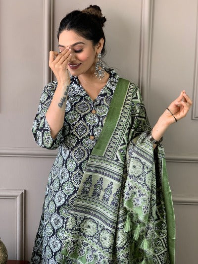 Green Ajrakh Work Cotton Salwar Suit With Art Silk Dupatta