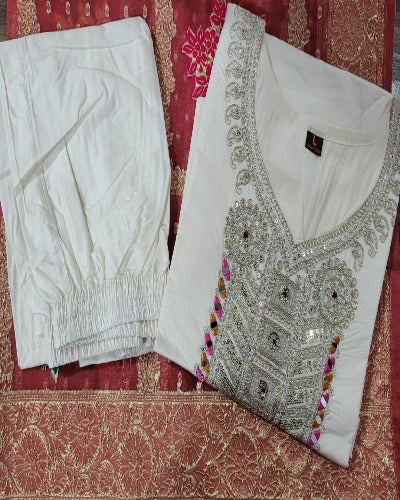 Cream Cotton Silk Salwar Suit With Jacquard Dupatta