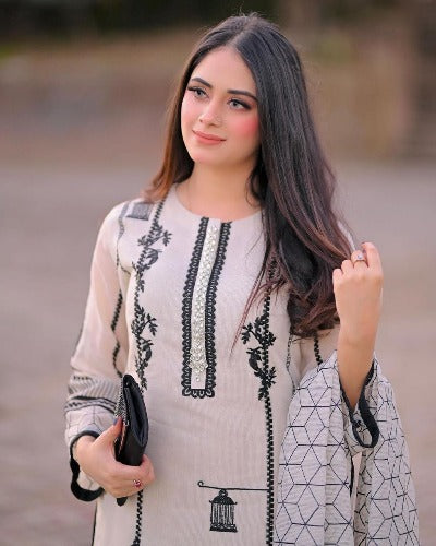 White Cotton Black Embroidered Salwar Suit Set