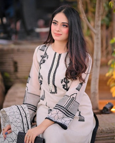 White Cotton Black Embroidered Salwar Suit Set