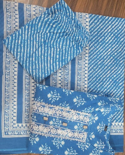 Blue Cotton Blockprint Anarkali Suit Set