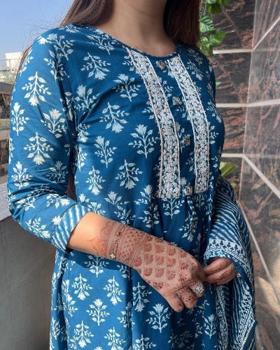 Blue Cotton Blockprint Anarkali Suit Set