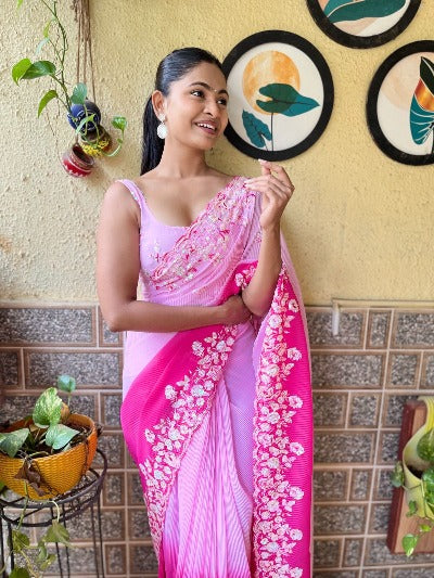 Pink Double Shaded Georgette Crush Pattern Saree