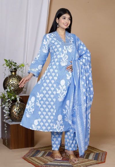 Pastel Cotton V Neck Printed Anarkali Suit Set