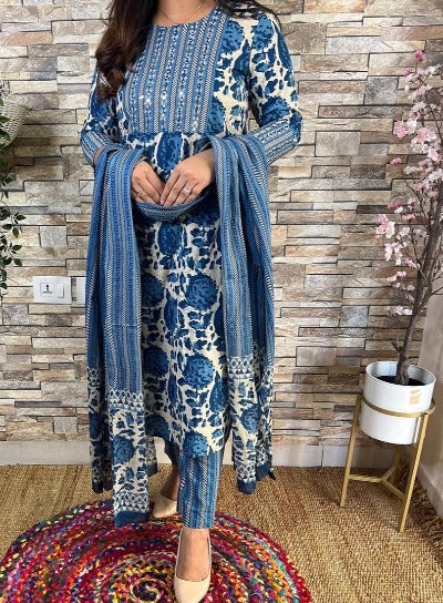 Blue Saganeri Block Print Salwar Suit Set