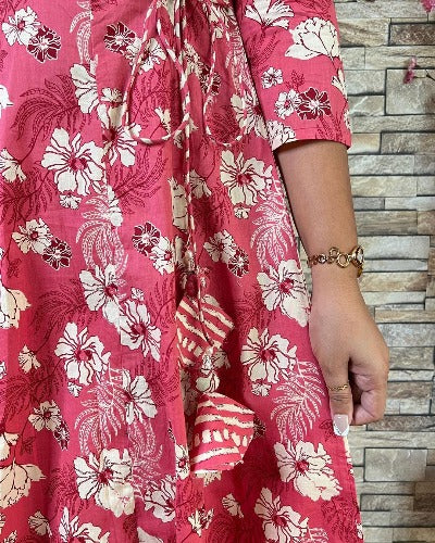 Pink Cotton Angharakha Printed Anarkali Suit Set