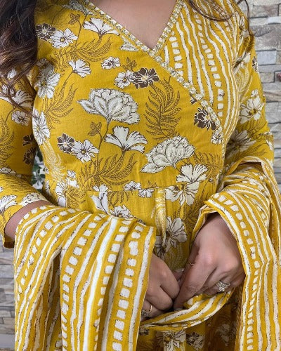 Yellow Cotton Angharakha Printed Anarkali Suit Set