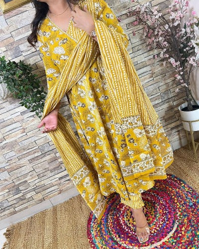 Yellow Cotton Angharakha Printed Anarkali Suit Set