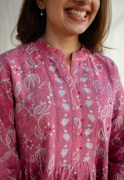 Pink Cotton Jaipuri Floral Print Kurti Pant Set Of 2