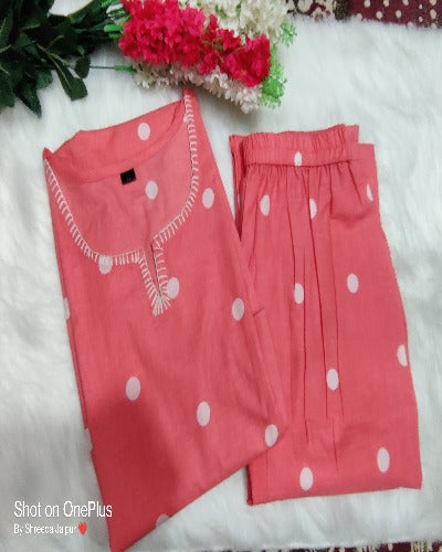 Coral Pink Cotton Katha Handwork Kurti Pant Set Of 2