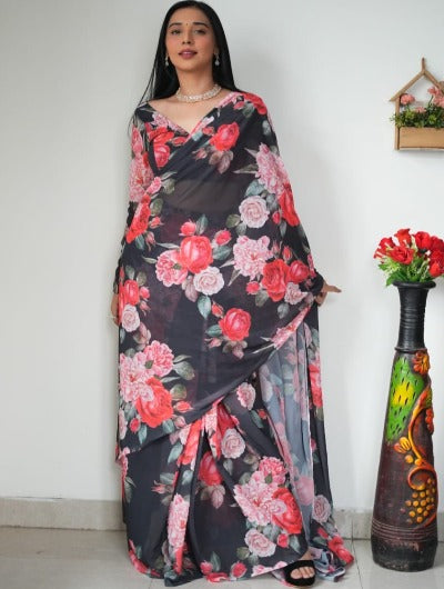 1 Min Black Georgette Silk Rose Print Stitched Readymade Saree