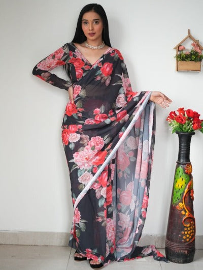 1 Min Black Georgette Silk Rose Print Stitched Readymade Saree