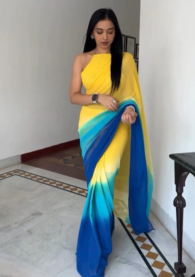 1 Min Yellow & Blue Georgette Stitched Readymade Saree