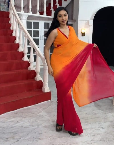 1 Min Orange & Red Georgette Stitched Readymade Saree