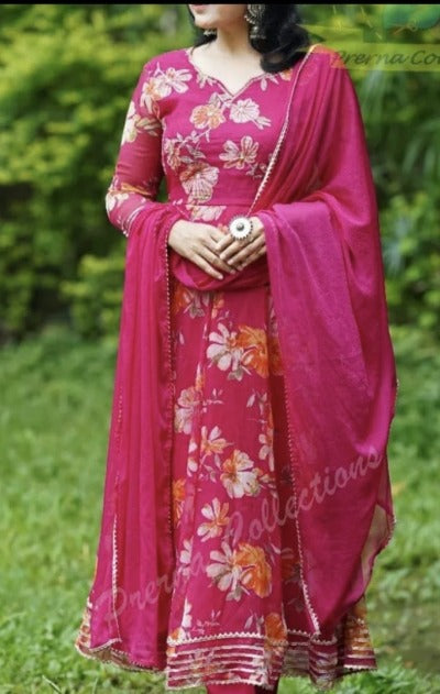 Pink Floral Anarkali Suit With Organza Dupatta