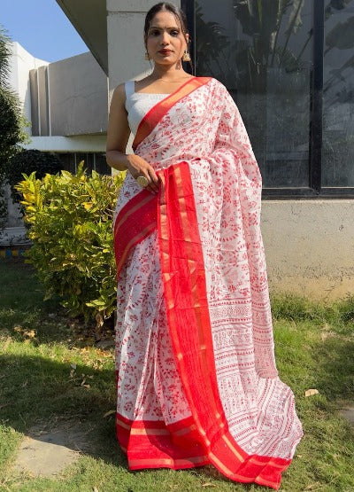 1 Min Kalamkari Print Soft Cotton Stitched Readymade Saree