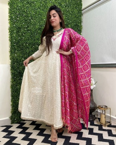 Cream Hakoba Chiffli Anarkali Suit With Bandhani Dupatta