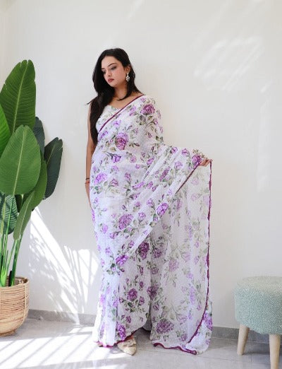 1 Min White With Purple Floral Georgette Stitched Readymade Saree