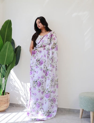 1 Min White With Purple Floral Georgette Stitched Readymade Saree