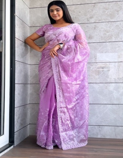 1 Min Lilac Burburry Silk Embellished Stitched Readymade Saree