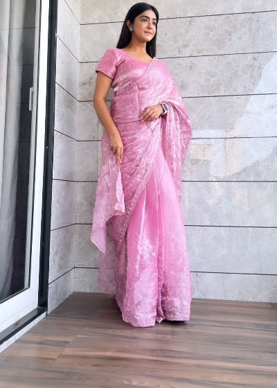 1 Min Pink Burburry Silk Embellished Stitched Readymade Saree