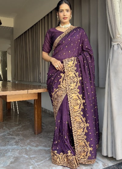 1 Min Purple Blooming Vichitra silk Stitched Readymade Saree