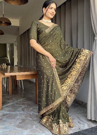 1 Min Green Blooming Vichitra silk Stitched Readymade Saree