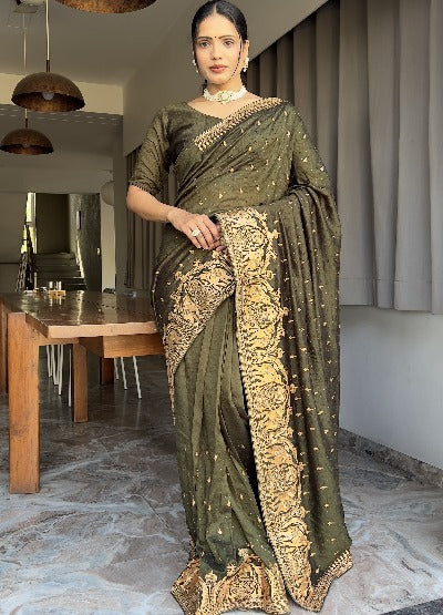 1 Min Green Blooming Vichitra silk Stitched Readymade Saree