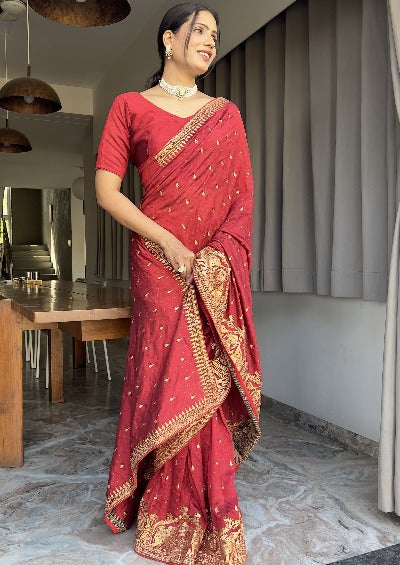 1 Min Red Blooming Vichitra silk Stitched Readymade Saree
