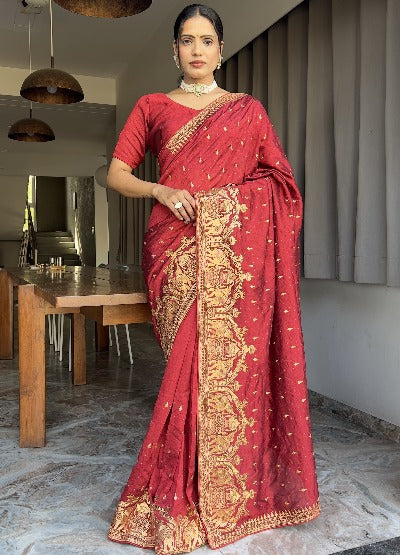 1 Min Red Blooming Vichitra silk Stitched Readymade Saree