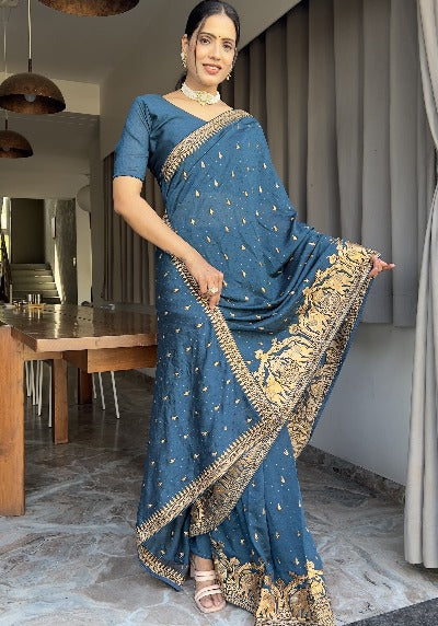 1 Min Dark Grey Blooming Vichitra silk Stitched Readymade Saree