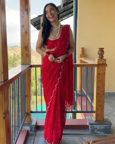 1 Min Red Pearl Embellished Stitched Readymade Saree
