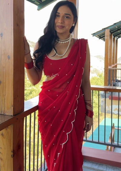 1 Min Red Pearl Embellished Stitched Readymade Saree