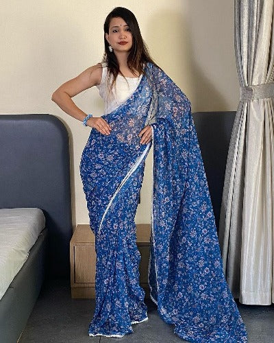 1 Min Blue Floral Georgette Stitched Readymade Saree