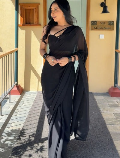 1 Min Black Plain Georgette Silk Stitched Readymade Saree