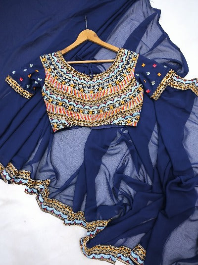 1 Min Navy Blue Chinon Silk Stitched Readymade Saree