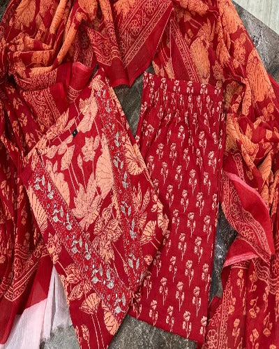 Red Handblock Print Adda Work Anarkali Suit Set