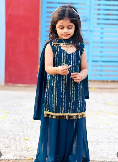 Teal Blue Georgette Embroidered Kids Sharara Suit Set